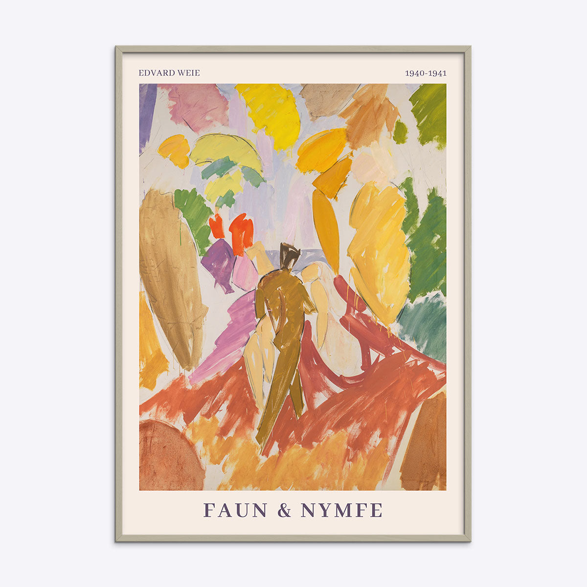 Plakat af Edvard Weie med titlen "Faun & Nymfe" i en cashmeregrå ramme.