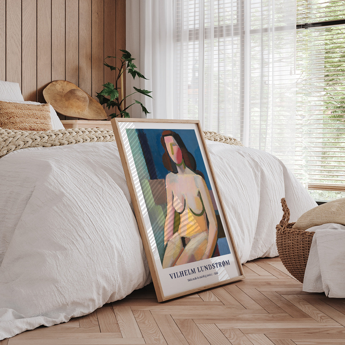 Plakat af Vilhelm Lundstrøm med abstrakt kvindefigur, placeret i et moderne soveværelse med træpaneler og naturligt lys.
