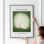 Plakat af Ohara Koson med en hvid påfugl på grøn baggrund, hængt op på en væg.