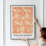 Plakat med William Morris' design "Wild Tulip" i orange og hvid, hængt op på en væg.