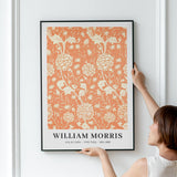 Plakat med William Morris' design "Wild Tulip" i orange og hvid, hængt op på en væg.