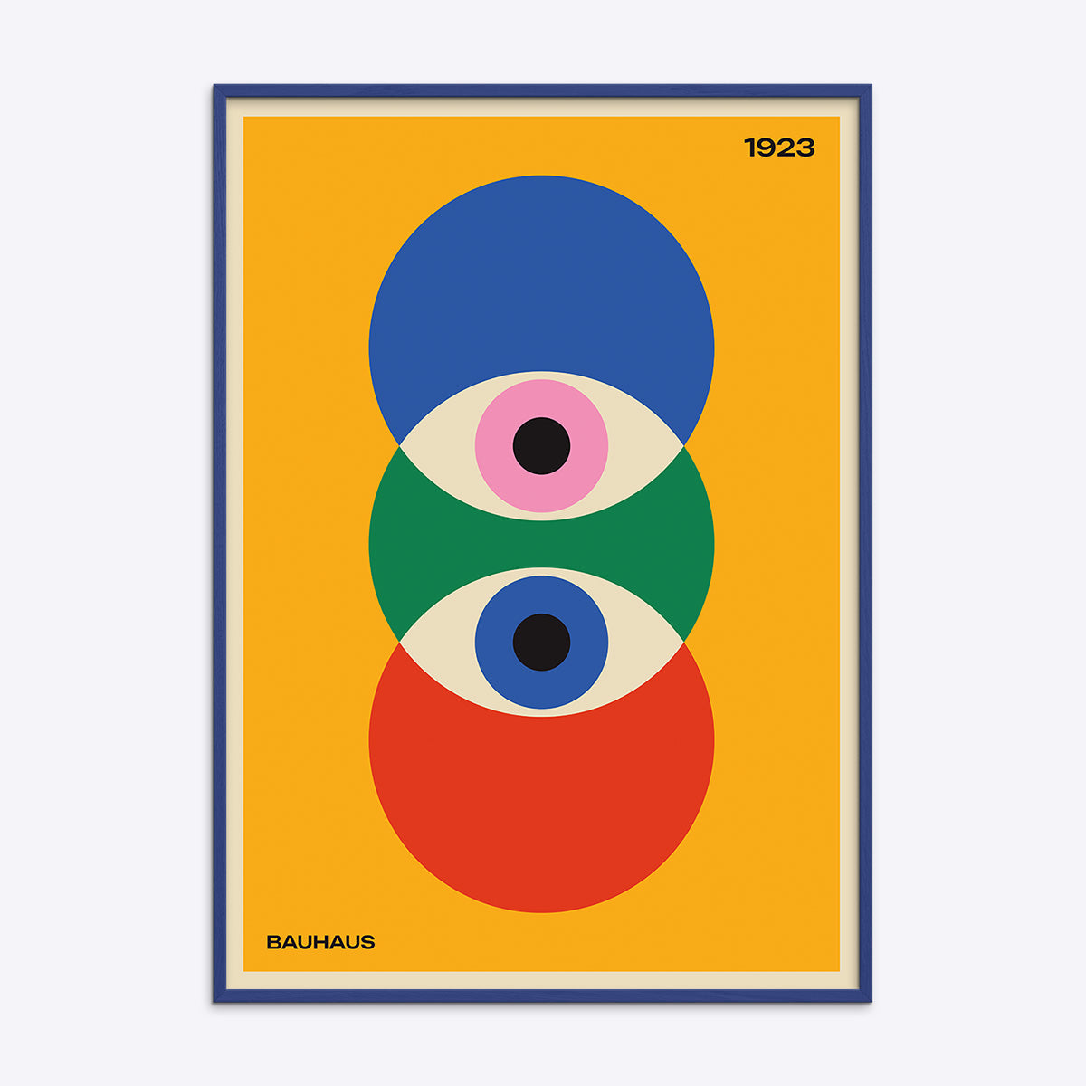 Bauhaus plakat i blå ramme med geometriske former og årstallet 1923.