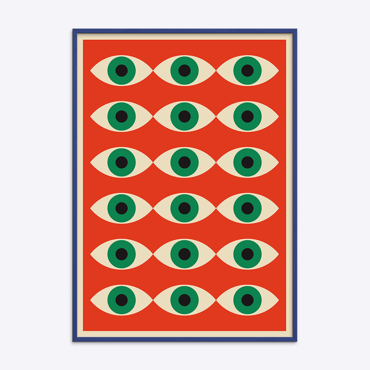 Plakat i egetræsramme med blå kant, featuring et Bauhaus-inspireret design med gentagne øjenmotiver på en rød baggrund.