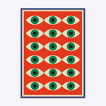Plakat i egetræsramme med blå kant, featuring et Bauhaus-inspireret design med gentagne øjenmotiver på en rød baggrund.