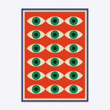 Plakat i egetræsramme med blå kant, featuring et Bauhaus-inspireret design med gentagne øjenmotiver på en rød baggrund.