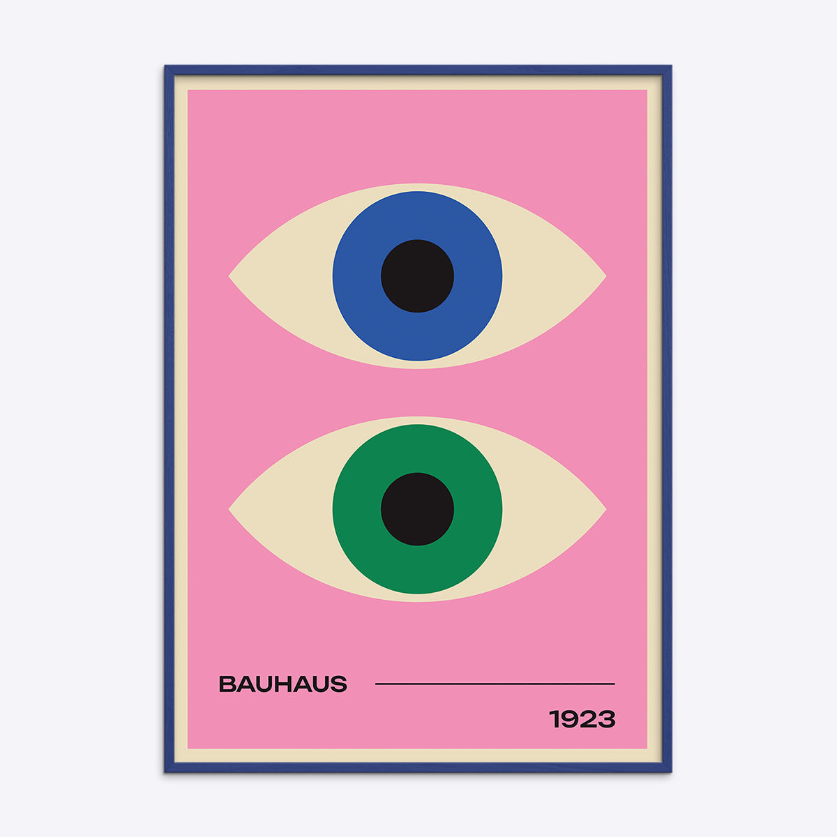 Bauhaus plakat med to stiliserede øjne i blå og grøn på en lyserød baggrund, indrammet i en træramme.