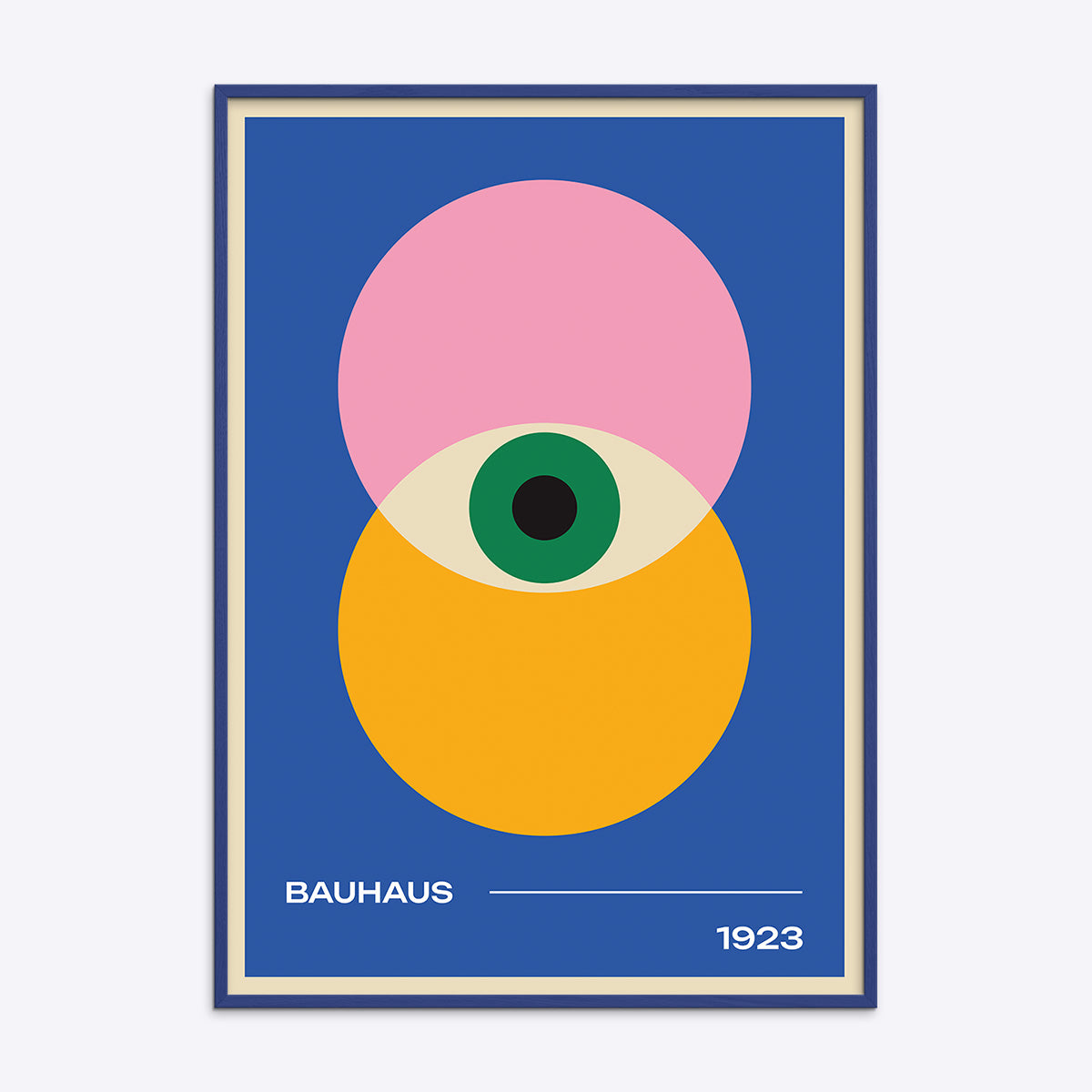Bauhaus plakat med geometrisk design i blå, pink og gul, 1923.