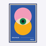Bauhaus plakat med geometrisk design i blå, pink og gul, 1923.