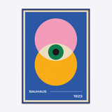 Bauhaus plakat med geometrisk design i blå, pink og gul, 1923.