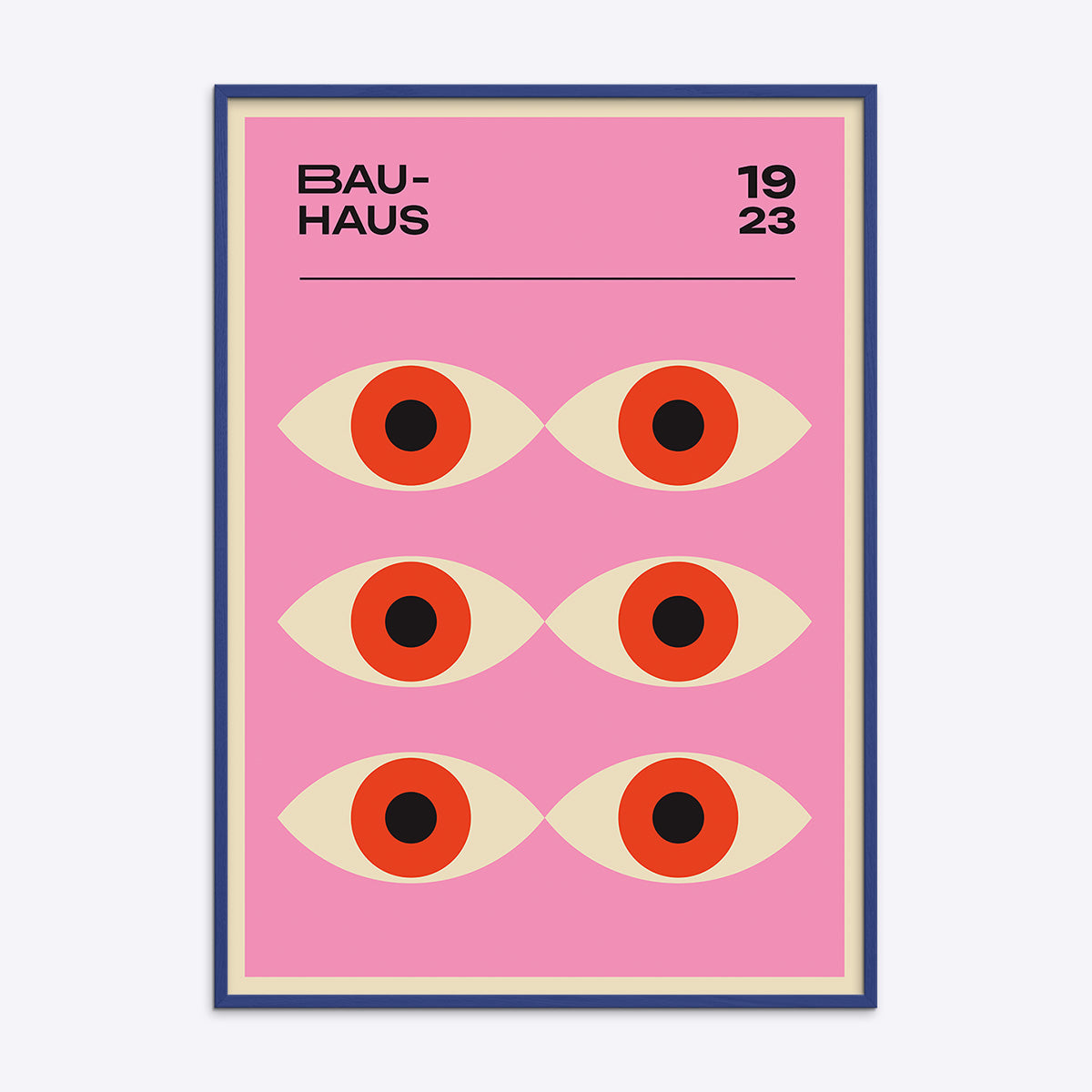 Bauhaus plakat med seks stiliserede øjne på lyserød baggrund, indrammet i blå træramme.