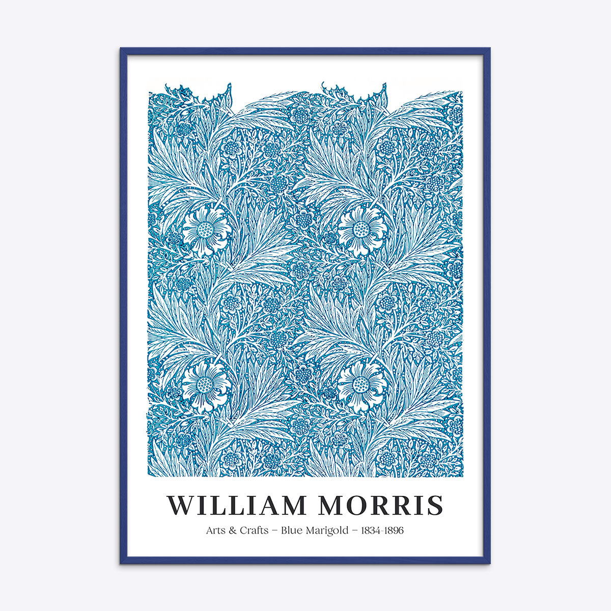William Morris plakat med blå marigold design i en træramme.