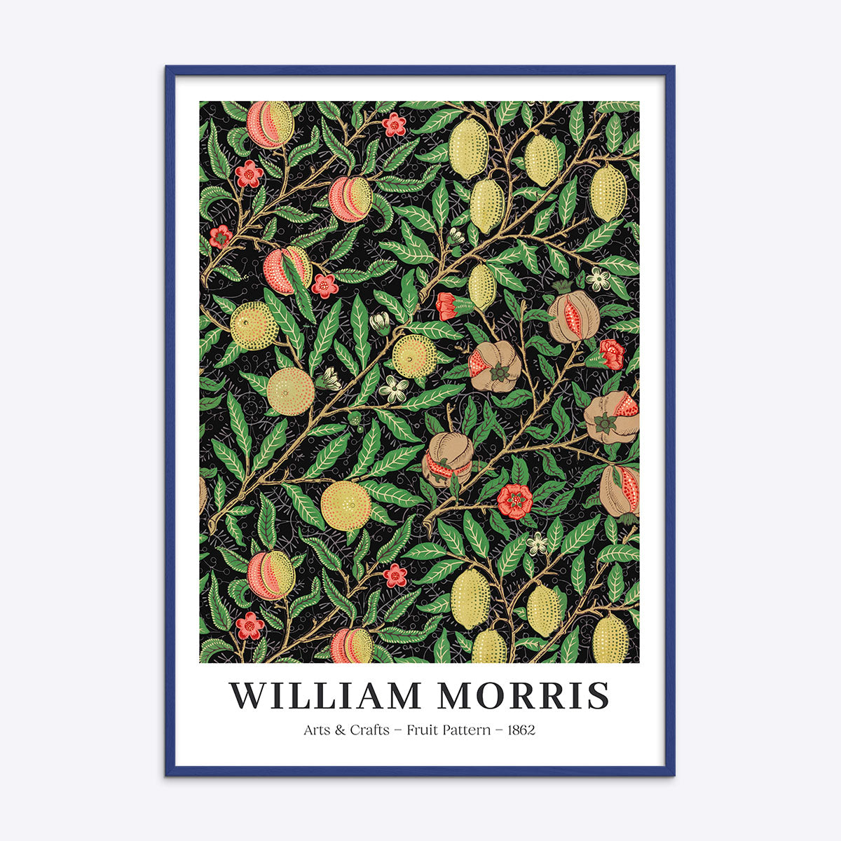 William Morris plakat med frugtmønster i blå ramme, Arts & Crafts, 1882.