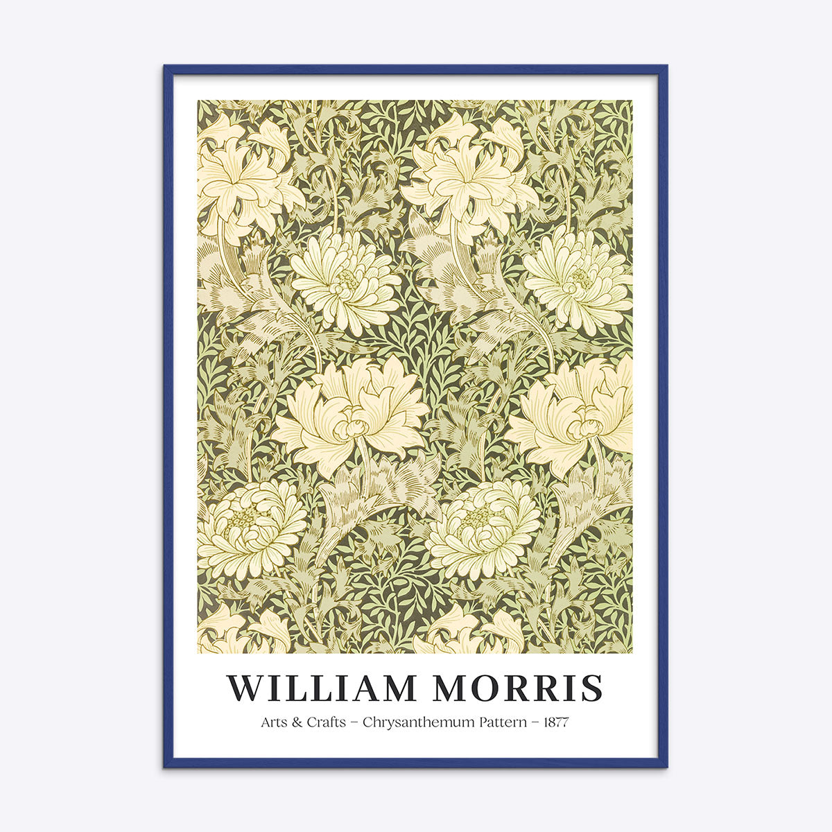 William Morris plakat med krysantemum mønster i en blå ramme.