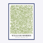 William Morris plakat med grønne blade i en blå ramme, "Arts & Crafts - Willow Leaves - 1874".