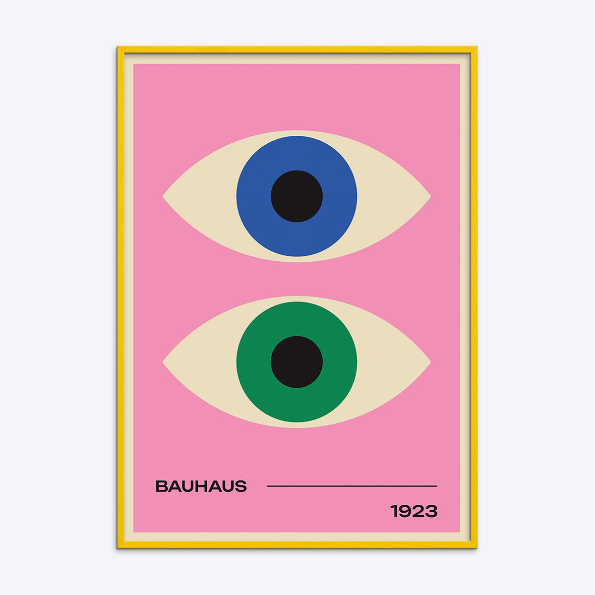 Bauhaus plakat med to stiliserede øjne i blå og grøn på en lyserød baggrund, indrammet i en gul træramme.