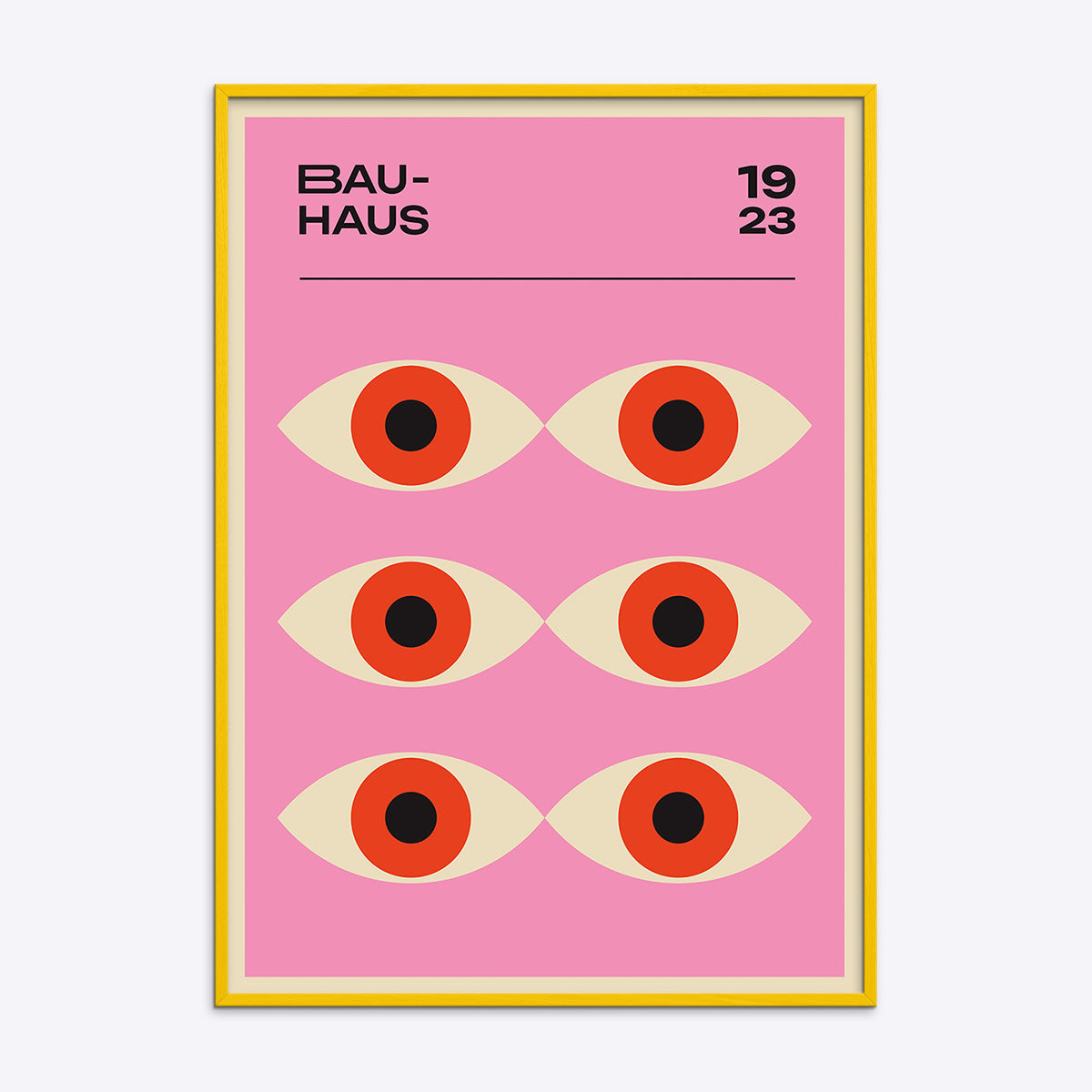Bauhaus plakat med seks stiliserede øjne på lyserød baggrund, indrammet i gul træramme.