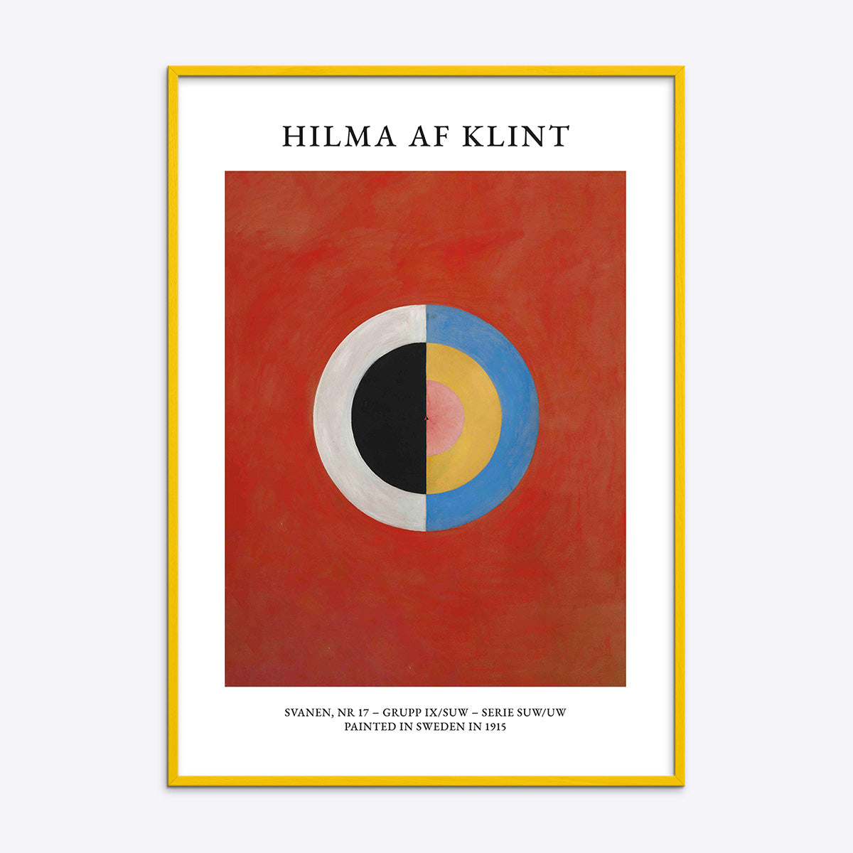 Hilma af Klint plakat med geometrisk design i gul ramme.