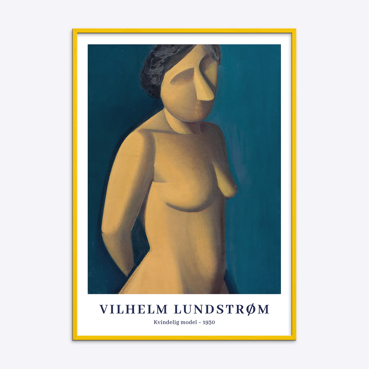 Plakat af Vilhelm Lundstrøm med titlen "Kvinde Model - 1930" i en gul træramme.