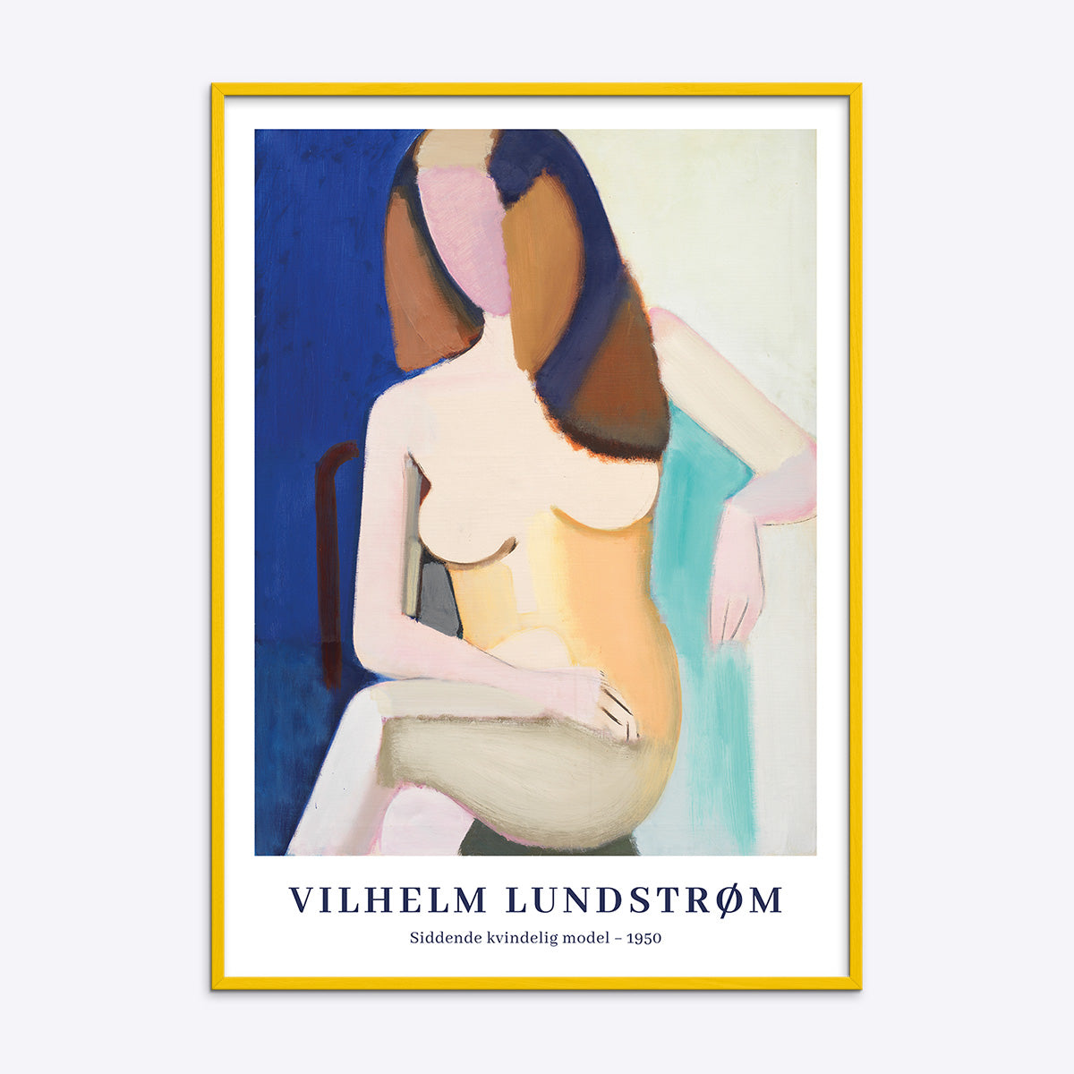 Plakat af Vilhelm Lundstrøm med titlen "Siddende kvindelig model - 1950" i en gul træramme.