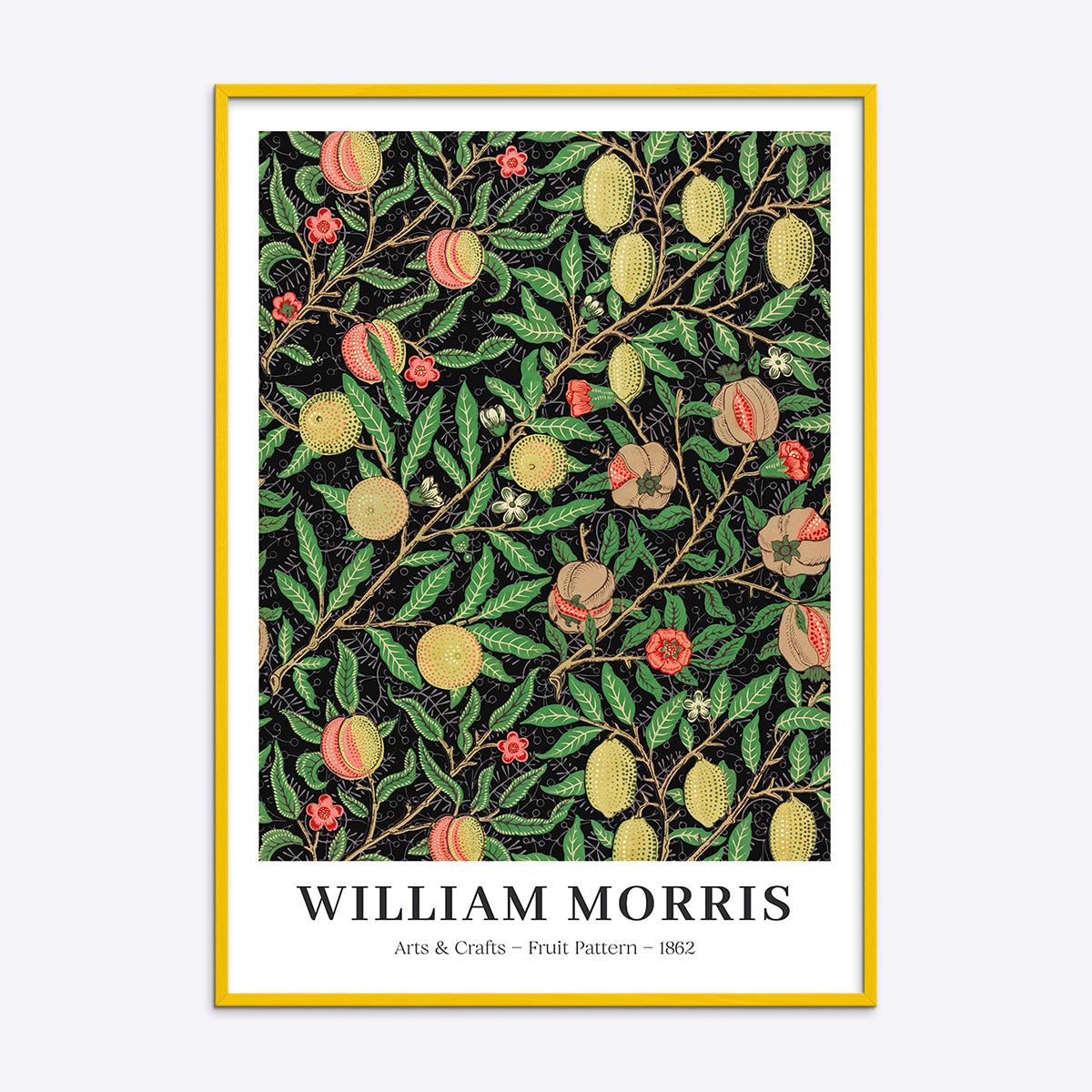 William Morris plakat med frugtmønster fra 1882 i gul træramme.