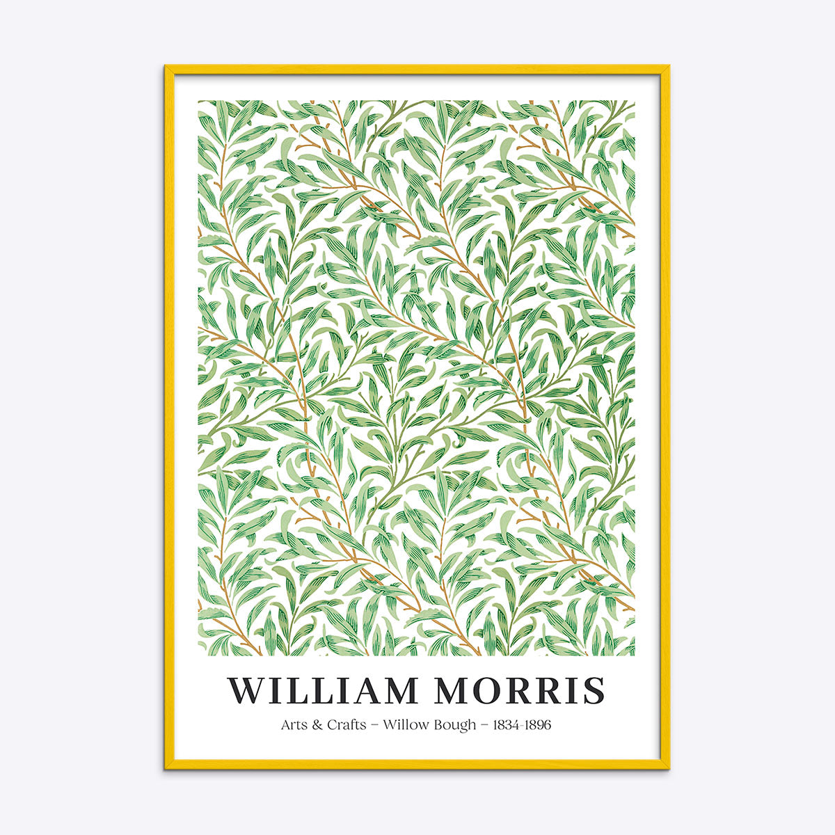 William Morris plakat med titlen "Willow Bough" i en gul træramme, viser et detaljeret grønt bladmønster.
