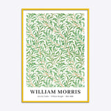 William Morris plakat med titlen "Willow Bough" i en gul træramme, viser et detaljeret grønt bladmønster.