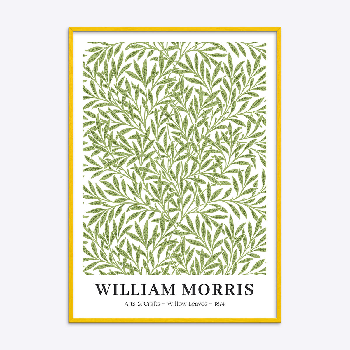 William Morris plakat med titlen "Willow Leaves" fra 1874, indrammet i en gul træramme.