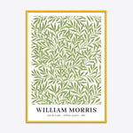 William Morris plakat med titlen "Willow Leaves" fra 1874, indrammet i en gul træramme.