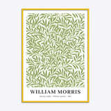 William Morris plakat med titlen "Willow Leaves" fra 1874, indrammet i en gul træramme.