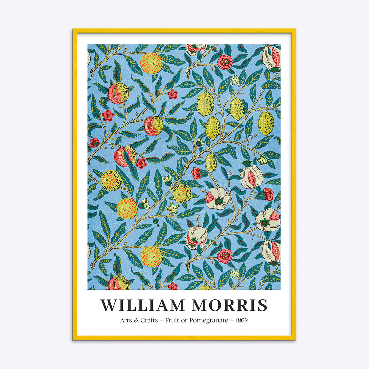 William Morris plakat med frugt- og granatæblemotiv, blå baggrund, gul ramme.