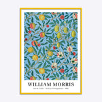 William Morris plakat med frugt- og granatæblemotiv, blå baggrund, gul ramme.