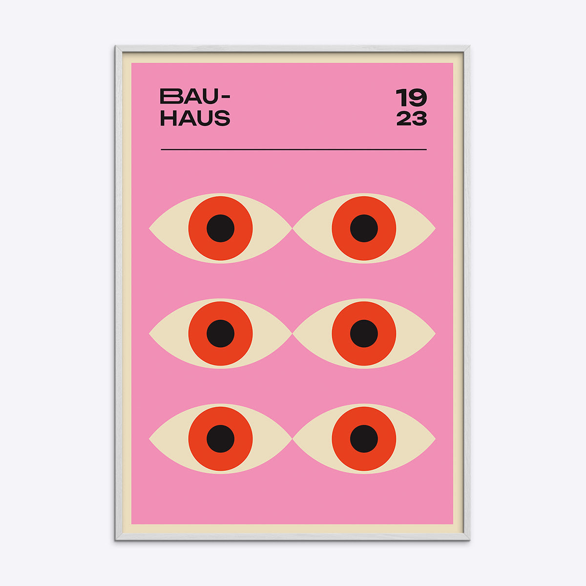 Bauhaus plakat med seks stiliserede øjne på lyserød baggrund, indrammet i hvid træramme.