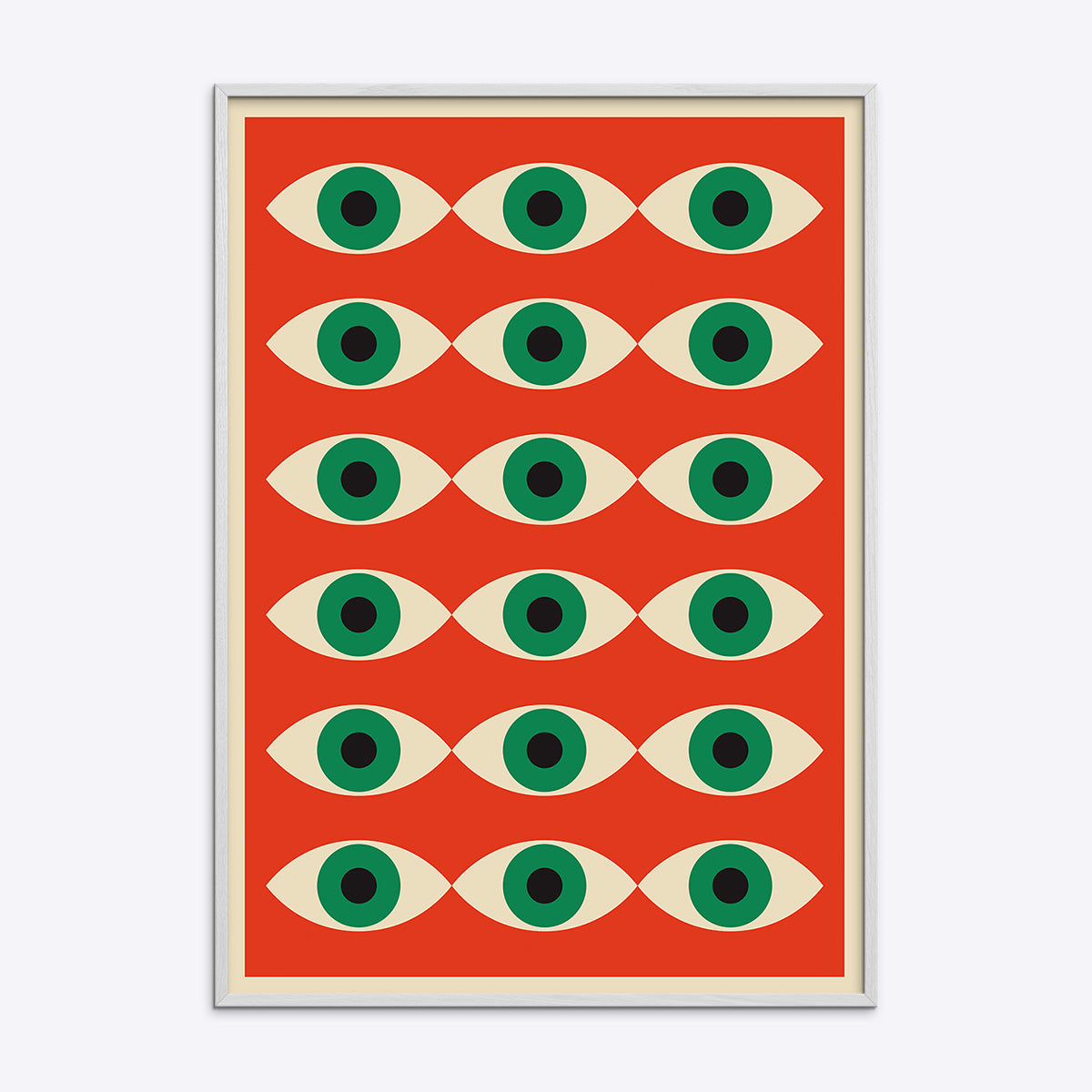 Plakat med gentagne øjenmotiver i grønne og sorte farver på en rød baggrund, indrammet i en hvid ramme.