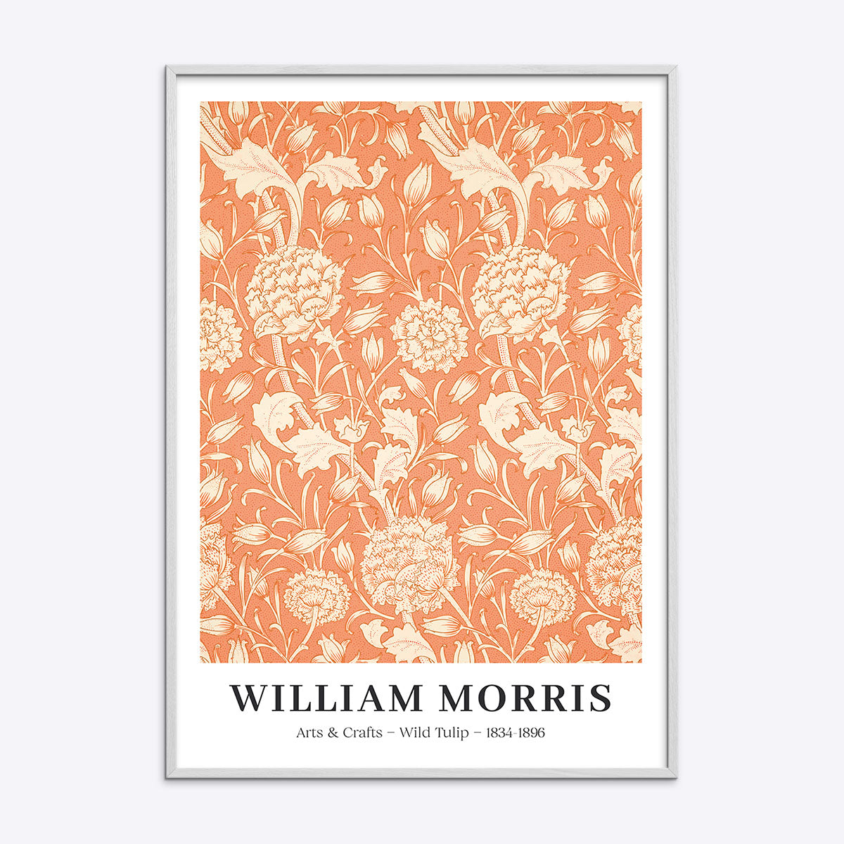 William Morris plakat med "Wild Tulip" design i en hvid træramme.