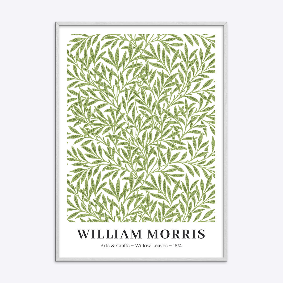 William Morris plakat med titlen "Willow Leaves" fra 1874, indrammet i hvid træramme.