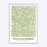 William Morris plakat med titlen "Willow Leaves" fra 1874, indrammet i hvid træramme.