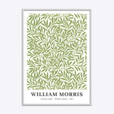 William Morris plakat med titlen "Willow Leaves" fra 1874, indrammet i hvid træramme.