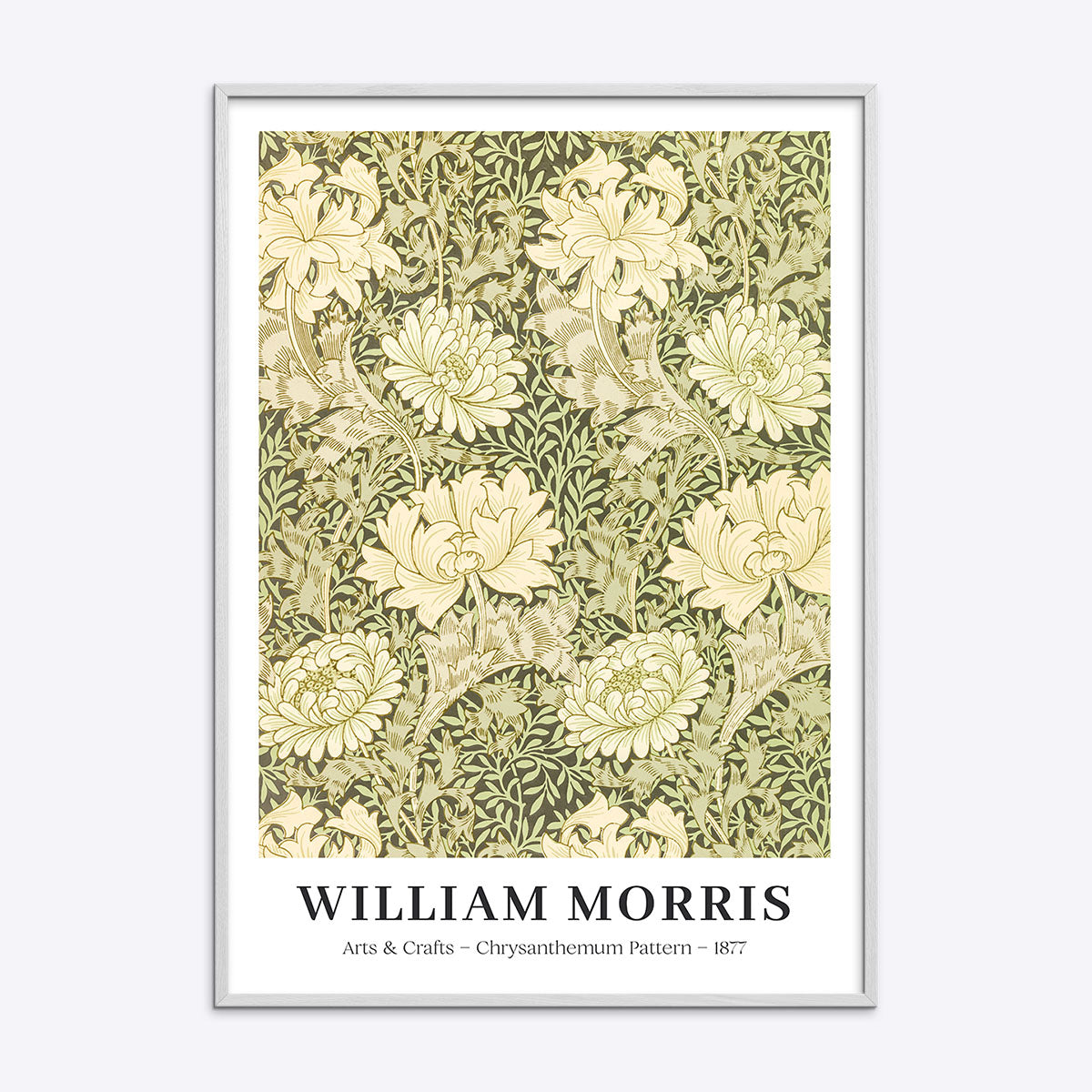 William Morris plakat med krysantemum mønster i hvid træramme.