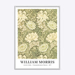 William Morris plakat med krysantemum mønster i hvid træramme.