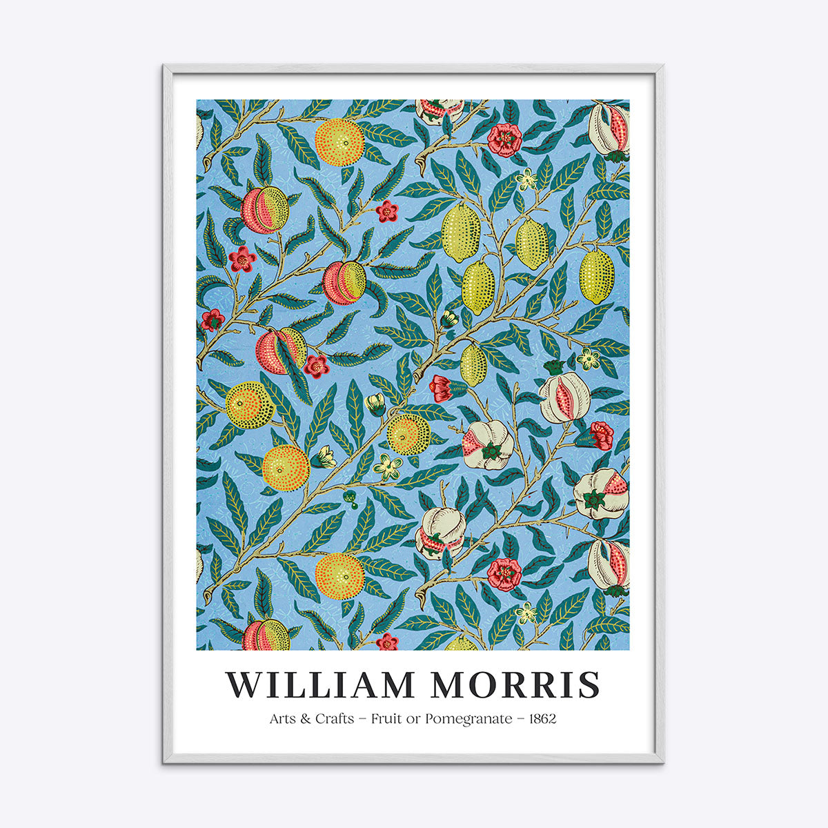 William Morris plakat med frugt- og granatæblemotiv, blå baggrund, hvid ramme.