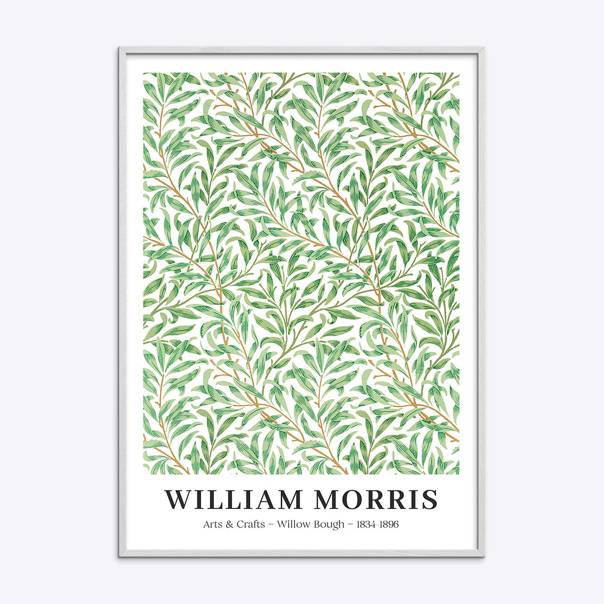 William Morris plakat med titlen "Willow Bough" i en hvid træramme, viser et grønt bladmønster.