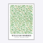 William Morris plakat med titlen "Willow Bough" i en hvid træramme, viser et grønt bladmønster.