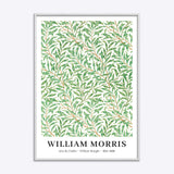 William Morris plakat med titlen "Willow Bough" i en hvid træramme, viser et grønt bladmønster.