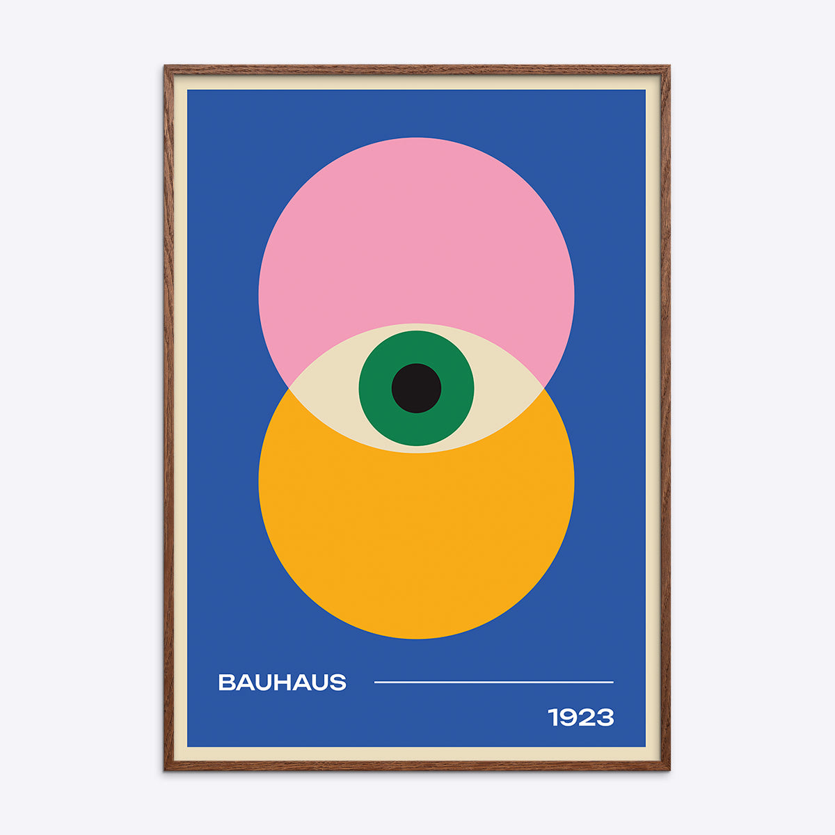Plakat i mørk naturtræsramme med Bauhaus-design fra 1923, featuring geometriske former i blå, pink, gul og grøn.