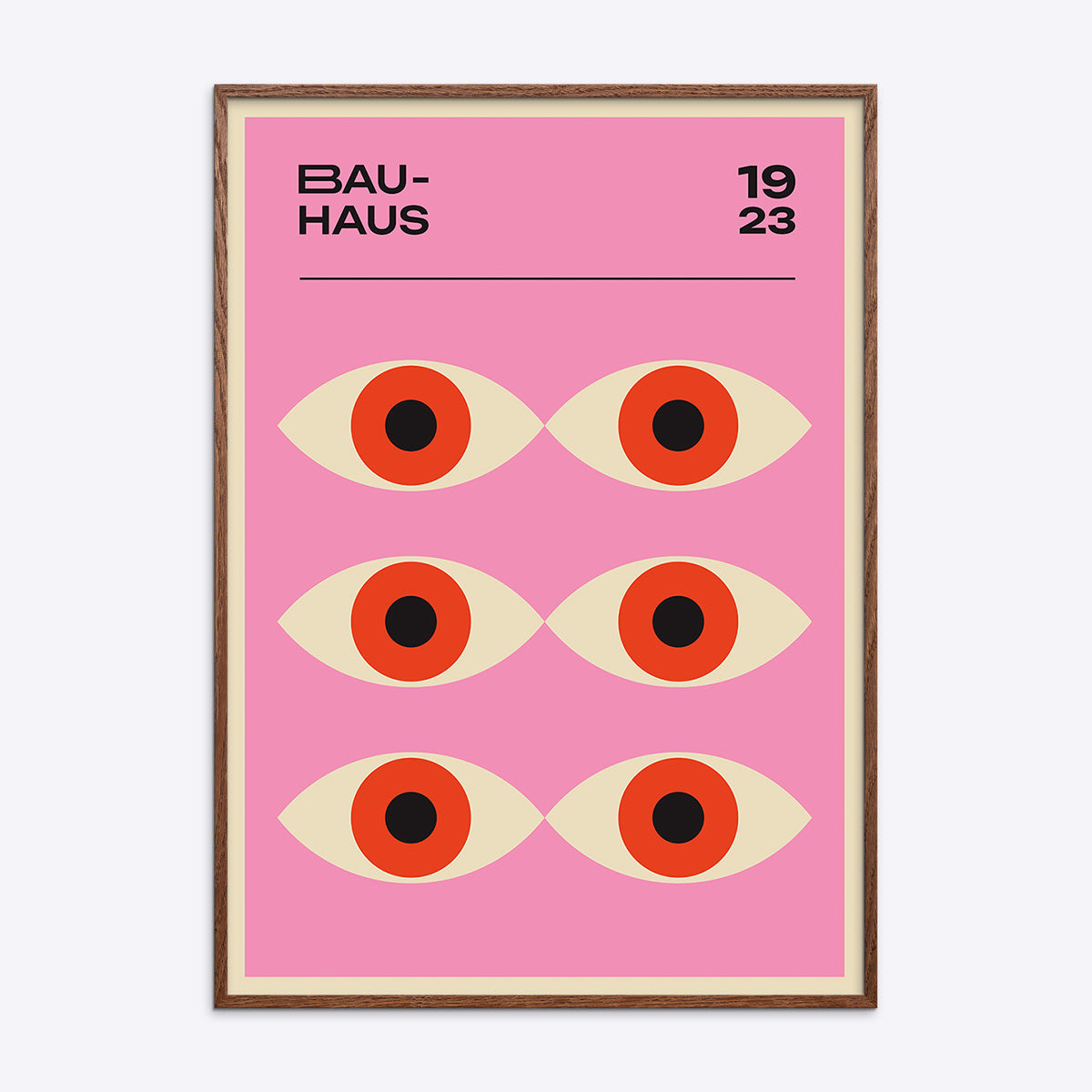 Bauhaus plakat fra 1923 med seks stiliserede øjne på lyserød baggrund, indrammet i mørk naturtræ.