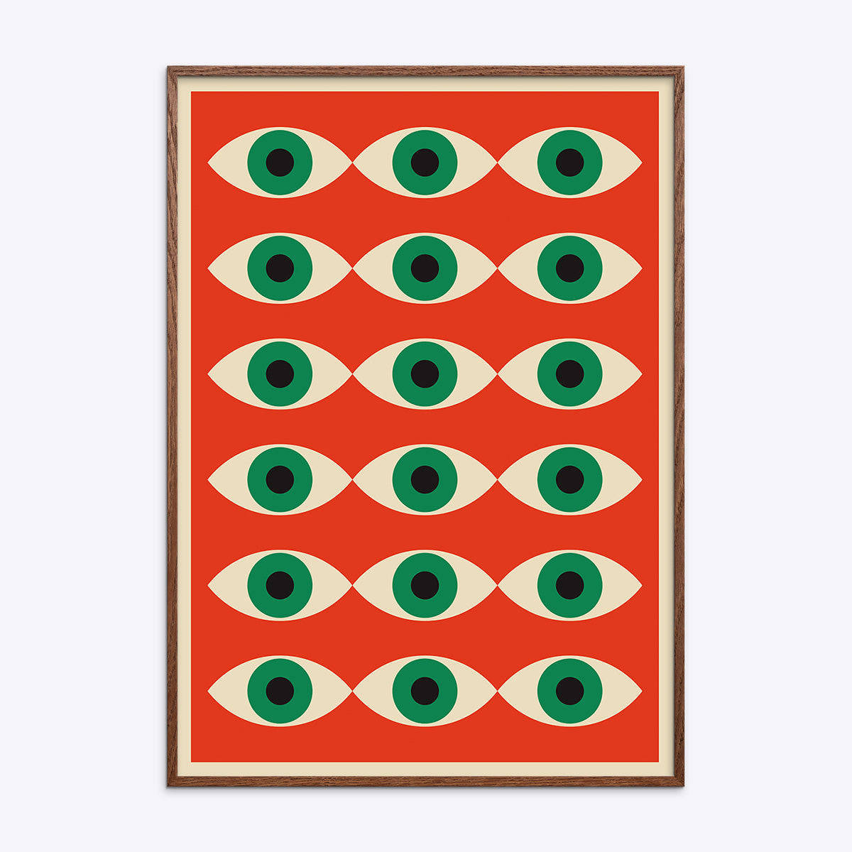 Plakat i egetræsramme med et Bauhaus-inspireret design af gentagne øjenmotiver på en rød baggrund.