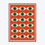 Plakat i egetræsramme med et Bauhaus-inspireret design af gentagne øjenmotiver på en rød baggrund.