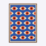 Plakat i egetræsramme med mørk naturfinish, Bauhaus-stil med gentagne øjenmotiver på blå baggrund.