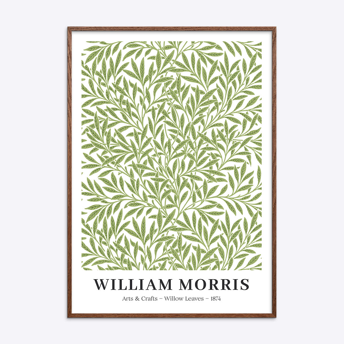 William Morris plakat med grønne pileblade, indrammet i mørk naturtræsramme.
