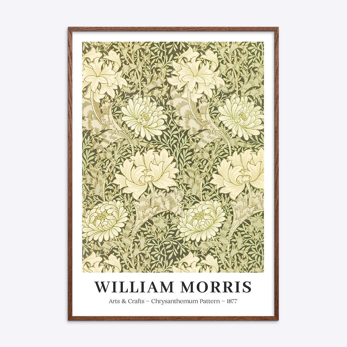 William Morris plakat med krysantemum mønster fra 1877 i en mørk naturtræsramme.